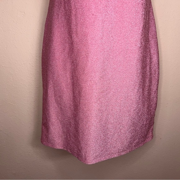 Medium Divided Pink Shimmer Fitted Bodycon Dress Strapless Stretch Event Party - Picture 5 of 13